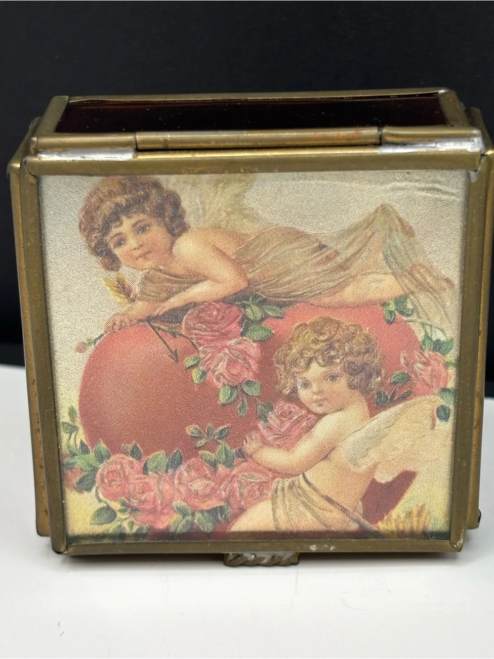 Vintage Via Vermont Cherub Brass Stained Art Glass Trinket Box Holographic